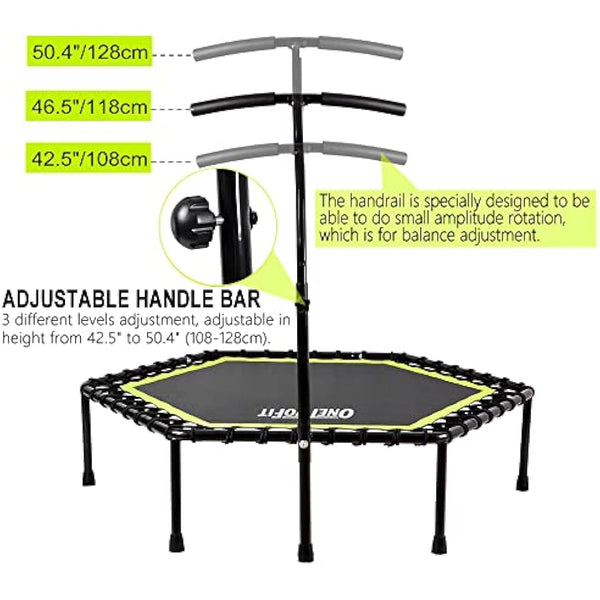 ONETWOFIT 45"/48"/51" Silent Mini Fitness Trampoline with Adjustable Handle Bar Fitness Trampoline Bungee Rebounder Jumping Cardio Trainer Workout for Adults or Kids