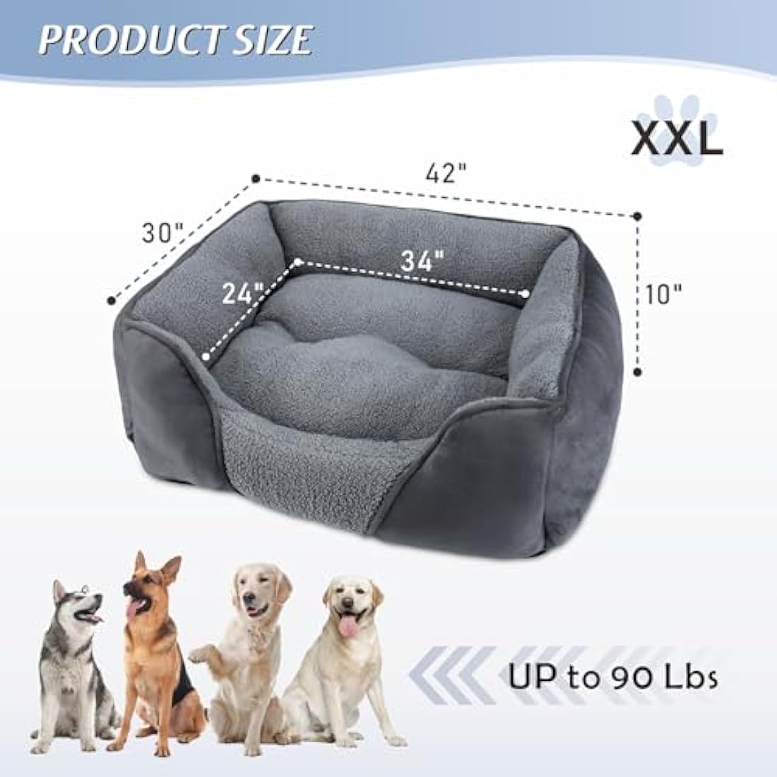 MIXJOY Extra Extra Large Dog Bed Washable, XXL Dog Bed Low Front Edge Bed Non-Slip Bottom Soft Pet Bed, Calming Pet Bed For Labrador, Golden Retriever, Grey, 107x76x25 cm