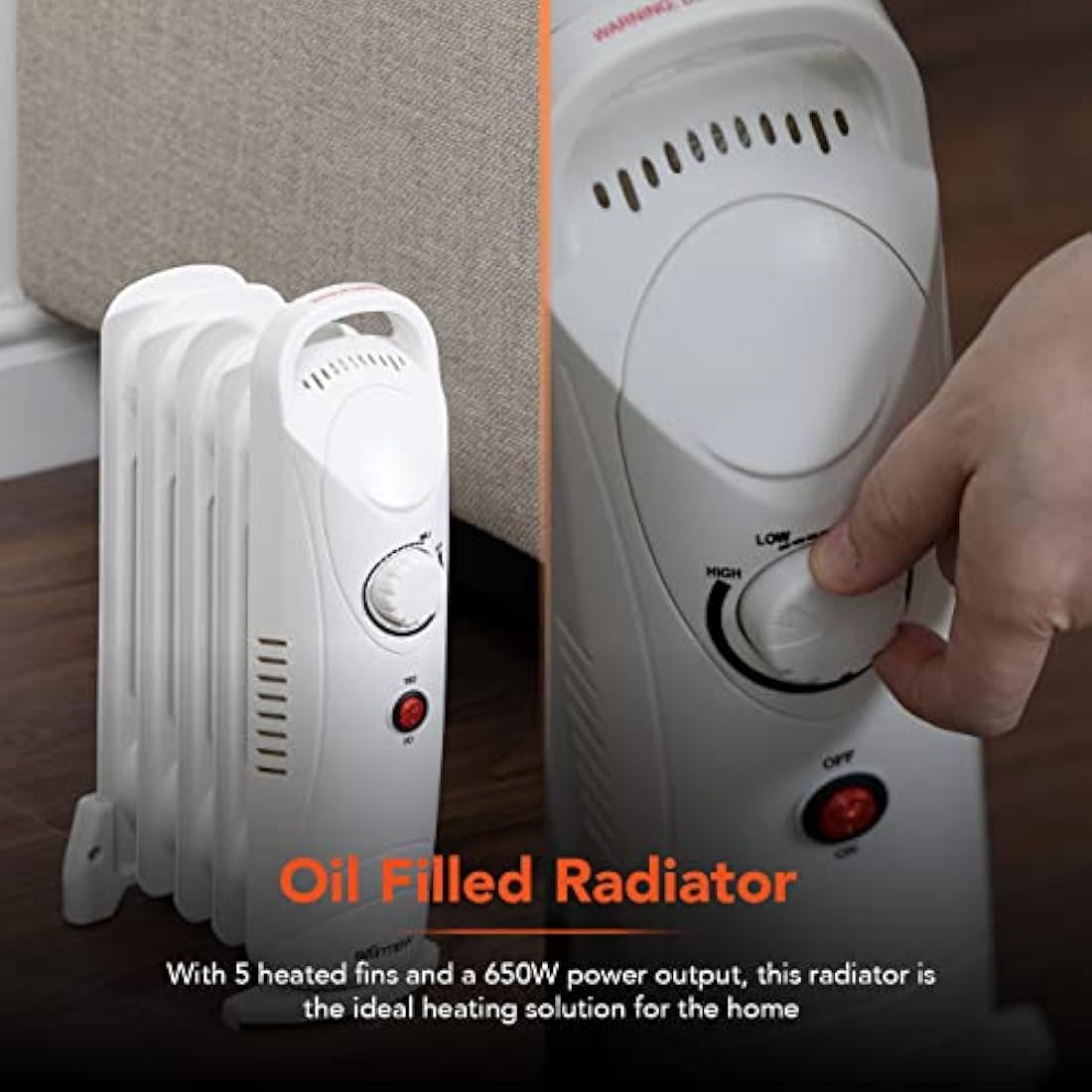 Warmlite WL43002YW 5 Fin Oil Filled Radiator with Adjustable Thermostat and Overheat Protection, 650W, White