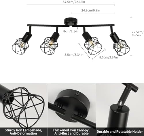 FORCOSO Ceiling Lights Spotlight, 4 Way Spot Lights 350°Adjustable, E14 Base Black Light Shade Metal Wire Cage Light Fittings, Industrial Wall Ceiling Lamp for Kitchen Living Room Hallway Bedroom
