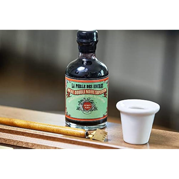 Jacques Herbin - Ref 27909T - 100ml Bottle of 'Special 350 Years' Ink with Inkwell Box & Porcelain Inkwell - Perle Noire / Black Pearl - Black-Coloured Ink