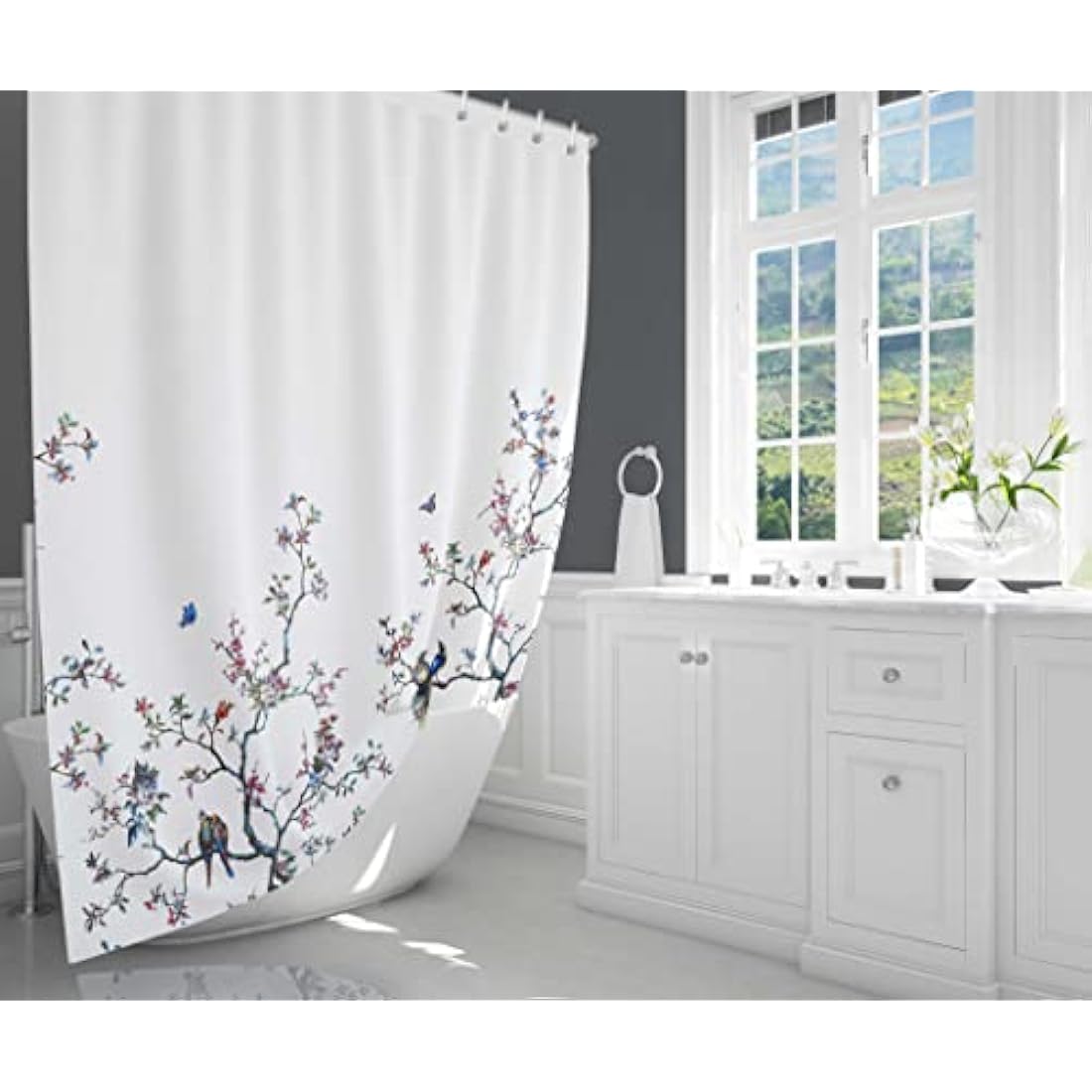 LIVETTY White Bird Floral Shower Curtain 180cm × 180cm Mould Proof Butterfly Fabric Bathroom curtain For Women & Men With 12 Hooks Washable Quick-Drying Curtains