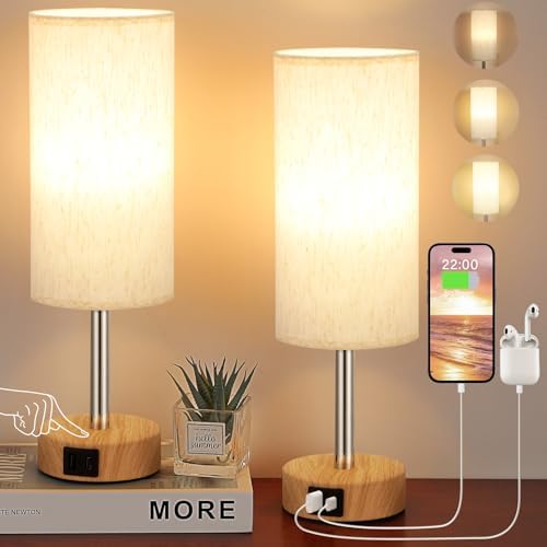 Aooshine Bedside Lamps Set of 2 Touch Table Lamps with USB-C USB-A Charging Ports, 3 Way Dimmable Bedside Lamp for Bedrooms, Small Touch Lamps for Living Room (Bulb Included)