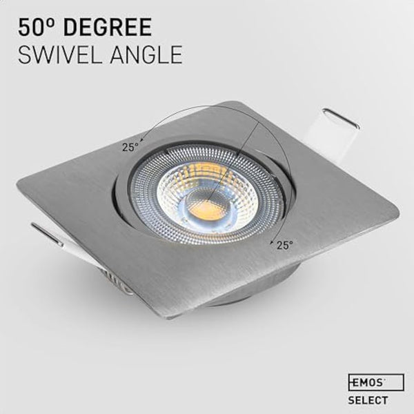 EMOS Square LED Spot Lights Ceiling 5W / 450lm / 3000k Warm White | downlights for Ceiling, Mains Powered, Ultra Slim, Adjustable Tilt | Pack of 12 recessed LED spotlights Ceiling Lights Silver