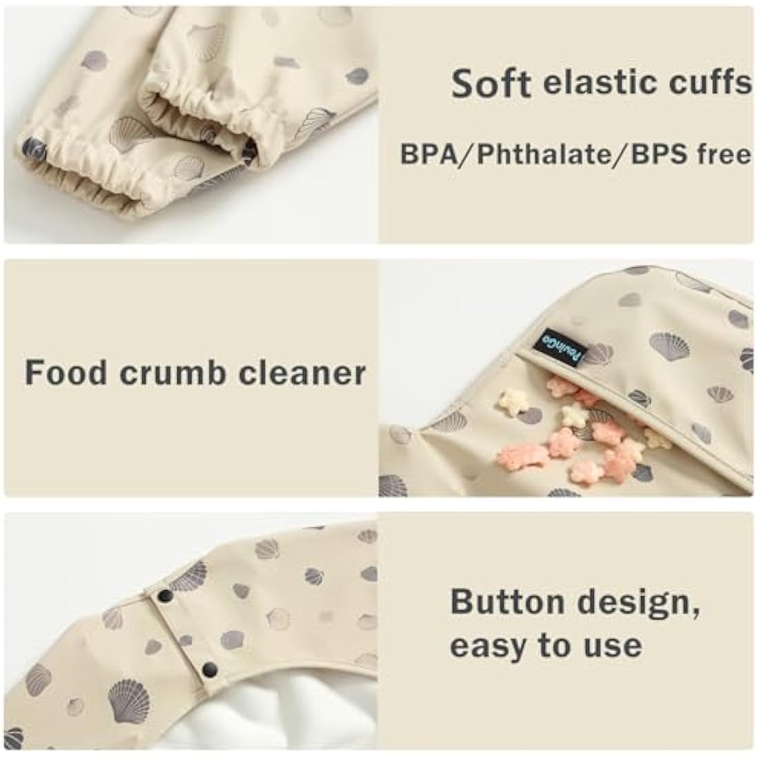 PewinGo Weaning Bib with Long Sleeves & BLW, Soft and Skin-Friendly Material, Coverall Bibs for Baby Feeding, Waterproof and Easy to Clean & Machine Washable,for Baby Infant Toddlers (Beige)