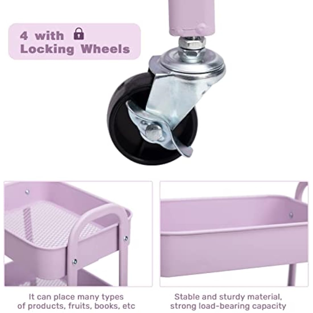 DOEWORKS 3-Tier Storage Cart Rolling Trolley Cart, Metal Utility Shelves with Wheels for Kitchen Makeup Bathroom Office, Light Purple