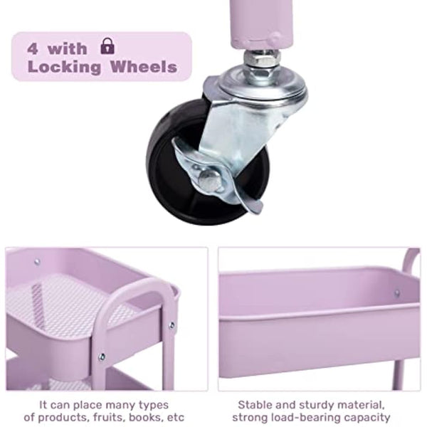 DOEWORKS 3-Tier Storage Cart Rolling Trolley Cart, Metal Utility Shelves with Wheels for Kitchen Makeup Bathroom Office, Light Purple