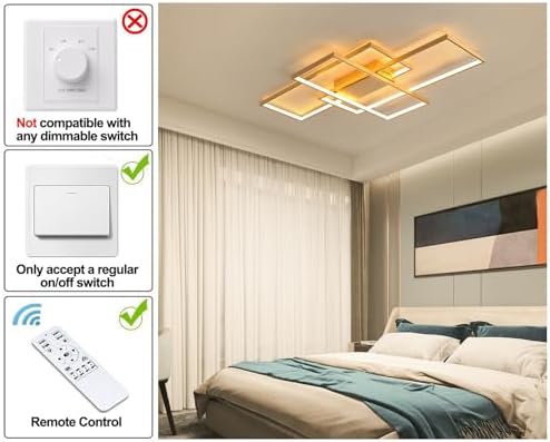JIINOO Dimmable LED Ceiling Light, 110cm Flush Mounted Ceiling Light with Remote Control, 70W Square Acrylic Modern Simple Design Fixture for Bedroom Living Room, Gold