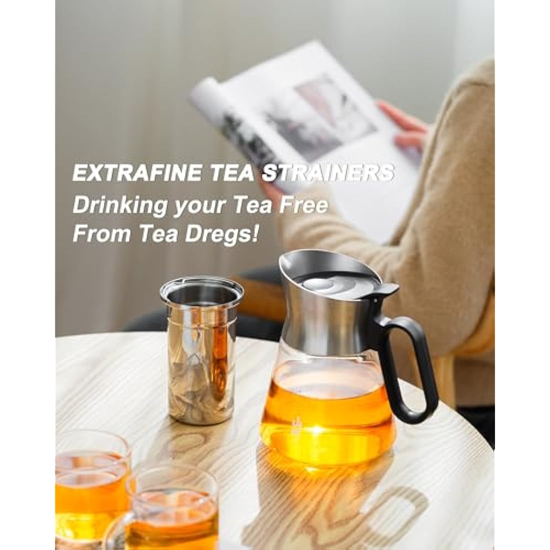 ZENS Glass Tea Infuser Teapot with 2 Cups, 680ML Small Loose Leaf Teapot with Stainless Steel Spout for Herbal Tea Diffusers, Design Oval Handle Clear Tea Infusers Pot for Tea Lovers Gifts