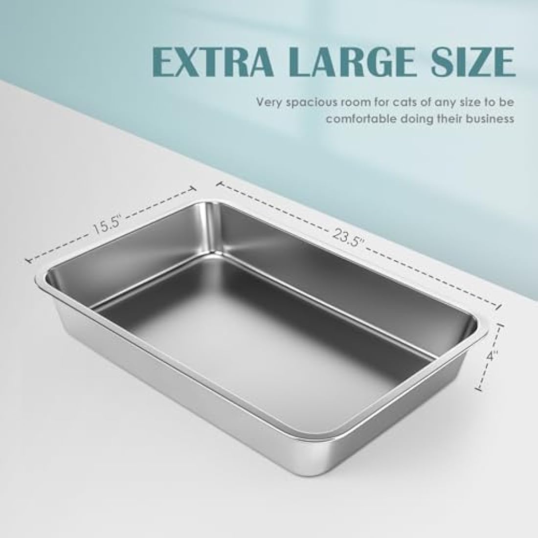 IKITCHEN Stainless Steel Cat Litter Box, Large Metal Litter Pan for Cats Rabbits, Never Absorbs Odors,Stain Free, Rustproof, Non Stick Smooth Surface, Anti-slip Rubber Bottom, 23.5"L x 15.5"W x 4"H
