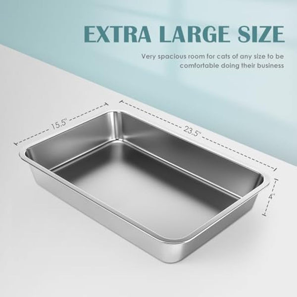 IKITCHEN Stainless Steel Cat Litter Box, Large Metal Litter Pan for Cats Rabbits, Never Absorbs Odors,Stain Free, Rustproof, Non Stick Smooth Surface, Anti-slip Rubber Bottom, 23.5"L x 15.5"W x 4"H