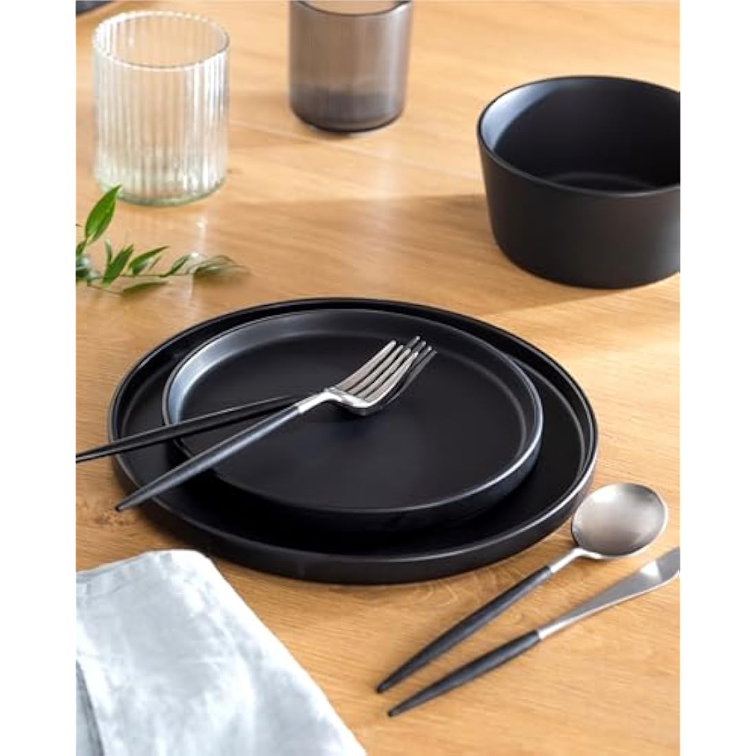 24 Piece Black Dinner Sets for 6 People - Cool Urban Style Stoneware Dinner Set for 6 - Dishwasher & Microwave Safe Plates and Bowls Set for 6 - Dinnerware Sets by Pure Living in Matte Black