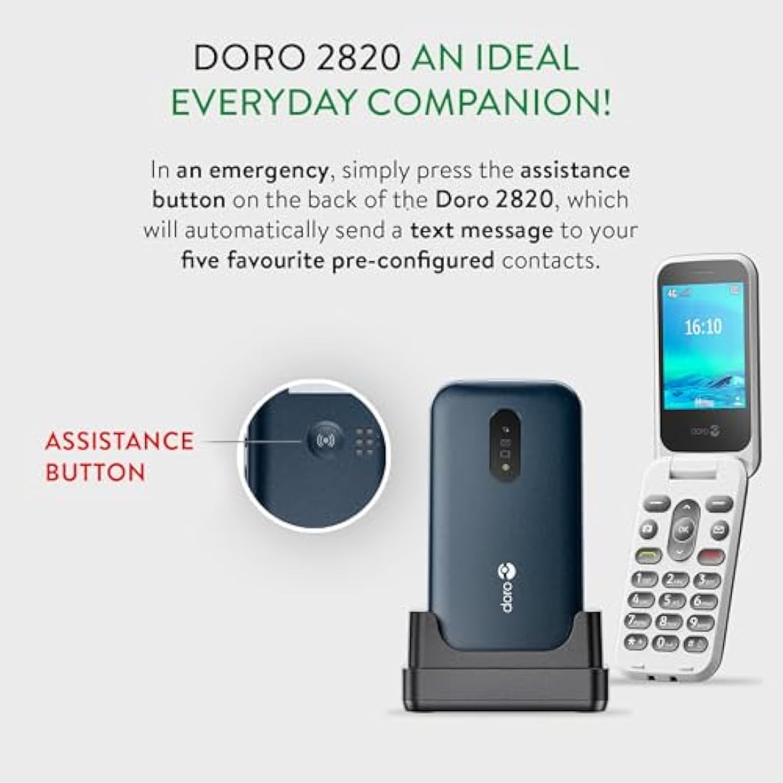Doro 2820 4G Unlocked Basic Mobile Phone For Seniors With Loud And Clear Sound, Large Buttons, Camera, Assistance Button And USB C Charging With Cradle [UK And Irish Version]