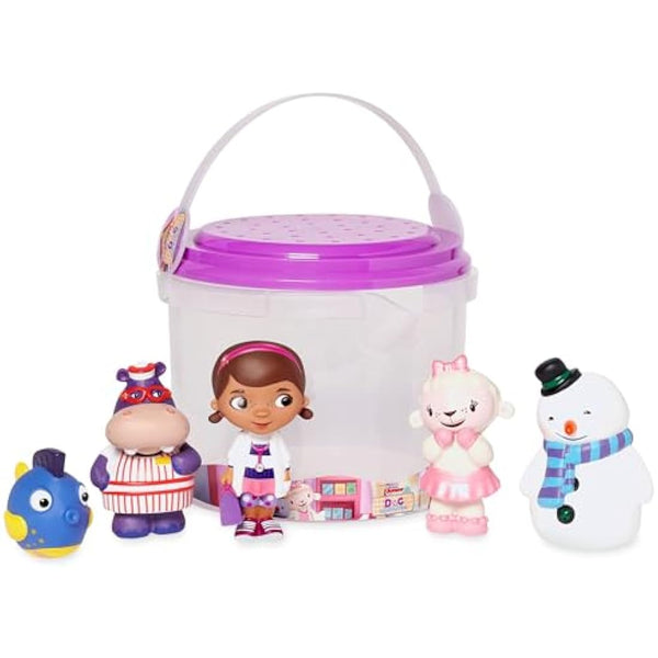 Disney Store Official Bath Toy Set for Kids, Doc McStuffins, 5 Pc., Playset Includes Bucket with Straining Lid and Five Figures, Suitable for Ages 6 Months+