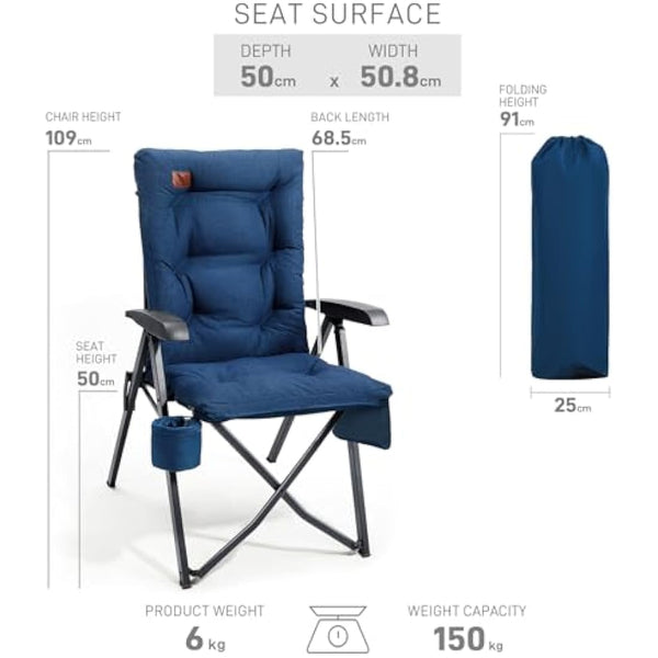 EVER ADVANCED Luxury Camping Chairs for Adults Heavy Duty High Back Oversized Folding Garden Chair Comfy Padded 6cm Loadable 150kg Camp Adjustable Dining Chairs 4-Position Recliner Deck Blue