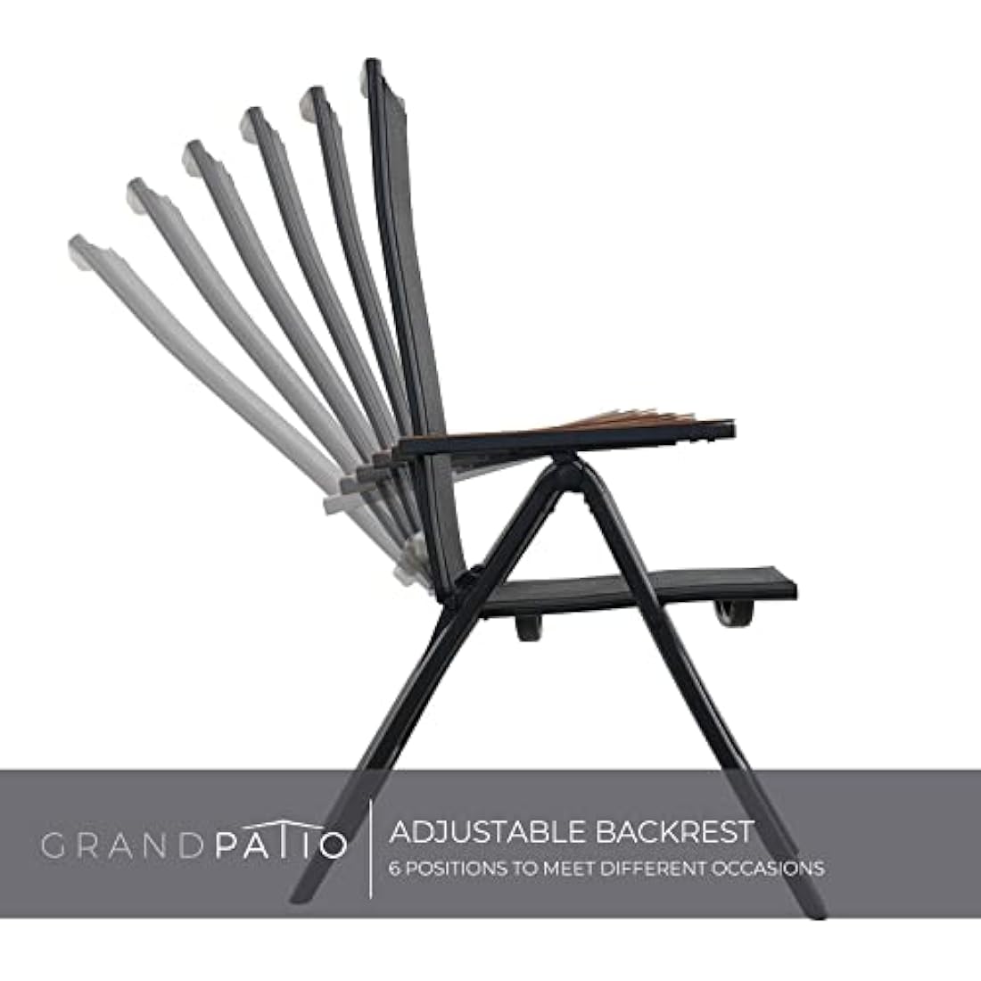 Grand patio folding chair, Aluminium garden chairs set of 2 with Armrest & Mesh breathable Seat, Adjustable 6 Position High Backrest, foldable dining chair for Outdoor, Garden, Dining room (Black)