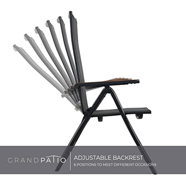 Grand patio folding chair, Aluminium garden chairs set of 2 with Armrest & Mesh breathable Seat, Adjustable 6 Position High Backrest, foldable dining chair for Outdoor, Garden, Dining room (Black)