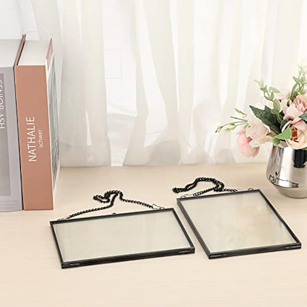 SUMTree Set of 2 Black Glass Hanging Photo Picture Display Frame, Floating Glass Picture Frame with Chain for Family Tree Mini Photo, Gallery Wall Art Work, Pressed Flower, collage, etc, 5 * 7 inch