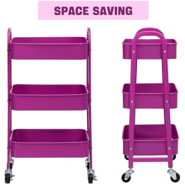 DOEWORKS Storage Trolley Metal 3-Tier Storage Cart on Wheels Rolling Kitchen Trolley Craft Trolleys Beauty Trolleys Utility Shelves for Books Room Bathroom Office, Dark Purple