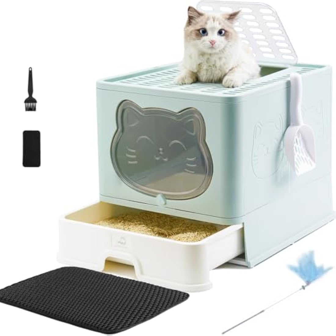 HelloMiao Fully Enclosed Cat Litter Box with Lid, Foldable Extra Large Cat Toilet, Drawer Type Litter Tray with Plastic Scoop, Suitable for Cats Under 17.6Ib(8kg) (upblue+mat)
