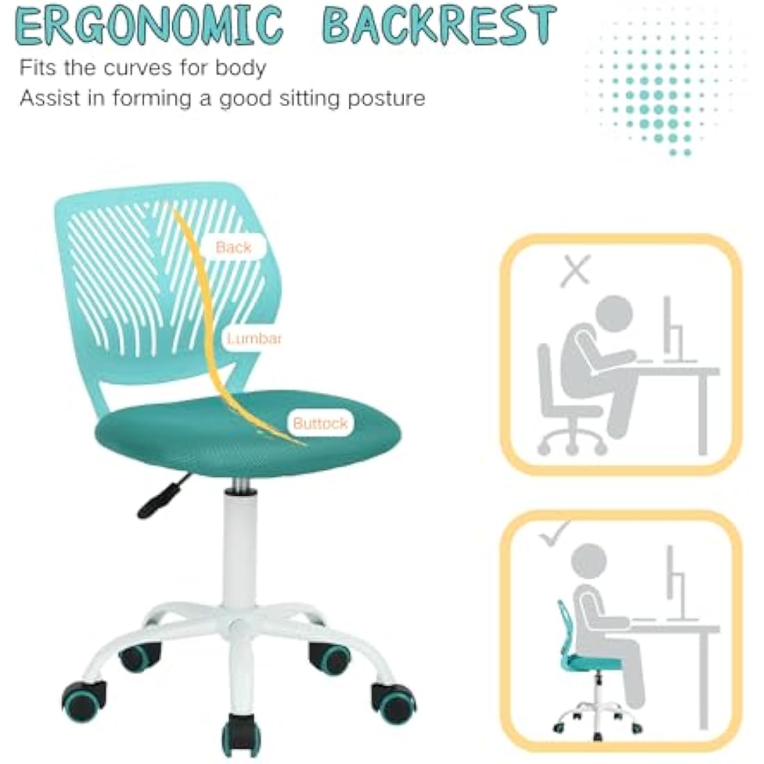 Homy Casa Desk Chair Adjustable Swivel Office Chair Fabric Seat Ergonomic Task Chair without Armrest Turquoise