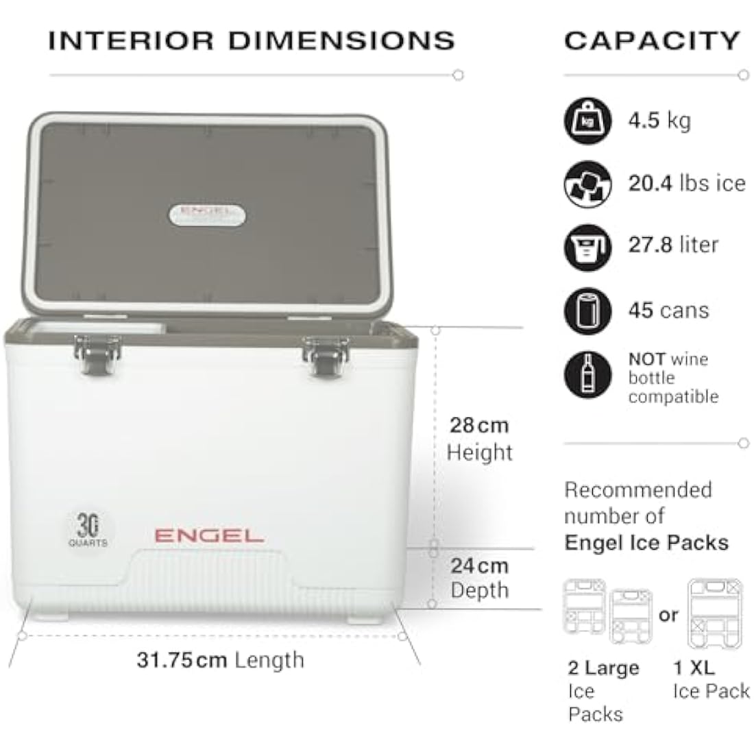 ENGEL Cooler Box 28.4 L - Leak-Proof, Air Tight, Drybox Cooler for Camping, Fishing, Hiking,Picnic - Mini Ice Boxes Large Enough for 30 Cans, 48.3 x 31.7 x 36.8 CM Small Cool Box for Drinks and Food