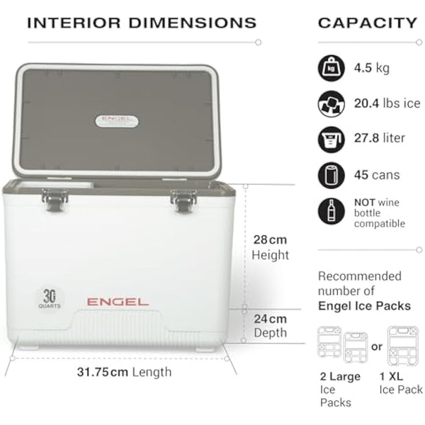 ENGEL Cooler Box 28.4 L - Leak-Proof, Air Tight, Drybox Cooler for Camping, Fishing, Hiking,Picnic - Mini Ice Boxes Large Enough for 30 Cans, 48.3 x 31.7 x 36.8 CM Small Cool Box for Drinks and Food