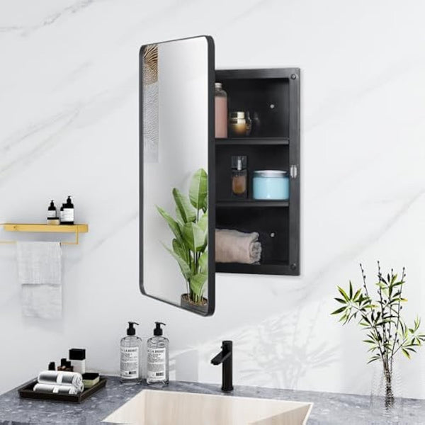 Fundin Plastic Mirror Cabinet, Beveled Edge Mirror Door with Round Corner Metal Frame, Recessed and Surface Mount, Black,40 X 61 CM