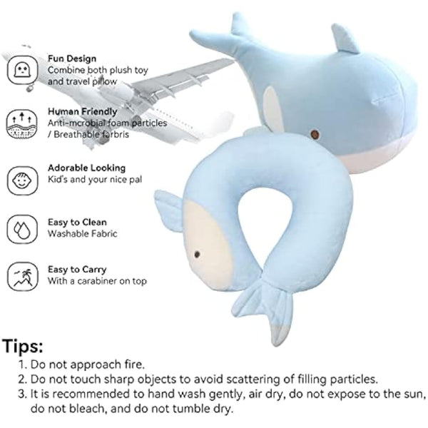 JOYRAVO Kids Travel Pillow - 2-in-1 Deformable Neck Pillow, Soft U-Shaped Pillow with Cute Plush Animals Comfy Sleep and Play Companion for Airplanes, Cars, and Travel - Blue Whale
