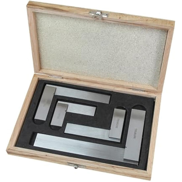 Faithfull Engineers Steel Try Square Set 4 Piece - 50,75,100,150mm (2in, 3in, 4in, 6in), Precision Ground, Hardened Steel Blade, Accurate Marking, Measuring & Layout Tools in Wooden Storage Case
