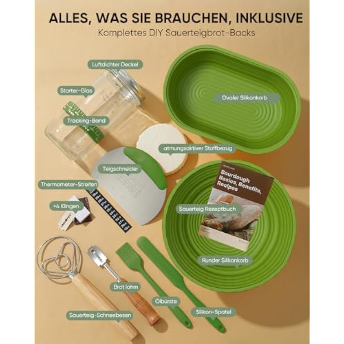 Sourdough Bread Baking Supplies 34 OZ Sourdough Starter kit with 2 Bread Proofing Basket (Green) (Green)