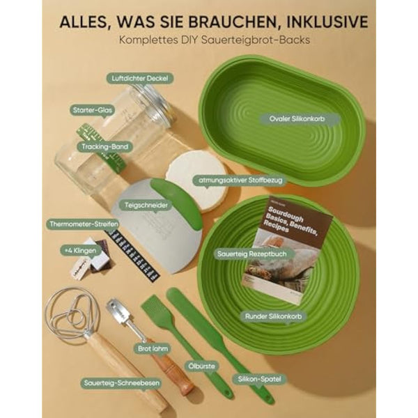 Sourdough Bread Baking Supplies 34 OZ Sourdough Starter kit with 2 Bread Proofing Basket (Green) (Green)