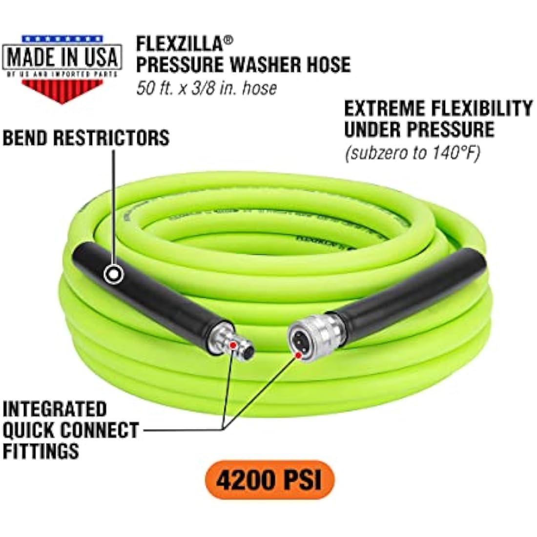 Flexzilla HFZPW426050Q-E 4200 PSI, 50' Pressure Washer Hose, Green, 3/8 in. x 50 ft