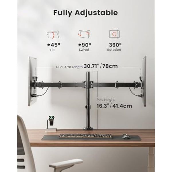 ErGear Dual Monitor Stand for 13 to 32 Inch Screens, Dual Monitor Arm Ergonomic Viewing Angle - Adjustable Tilt 90°/ Swivel 180°/ Rotate 360°/ VESA 75/100mm
