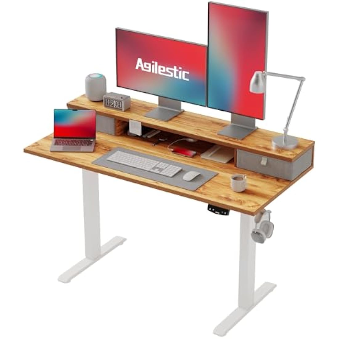 Agilestic Electric Adjustable Height Desk with 2 Drawers, 120 x 60 cm, Stable Sit-Stand Desk with Memory Control, Ergonomic Computer Desk, Light Brown