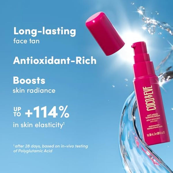 Coco & Eve Anti-Aging Tanning Serum - Face tanner with Skincare Actives for Gradual, Hydrating Glow. Natural Self Tanning Bronzer, with Niacinamide & Antioxidants for Healthy Glowing Skin (30ml)