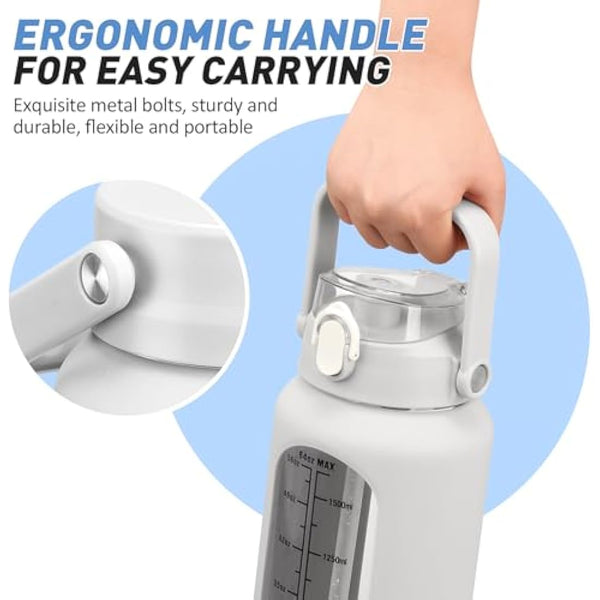 HYDRAGLAZIC 2L Glass Water Bottle with 2 Lids Flip and Chug Lids 2 Liter Large Water Jug with Time Marker and Silicone Sleeve BPA Free Leak-proof for Sports Gym, White