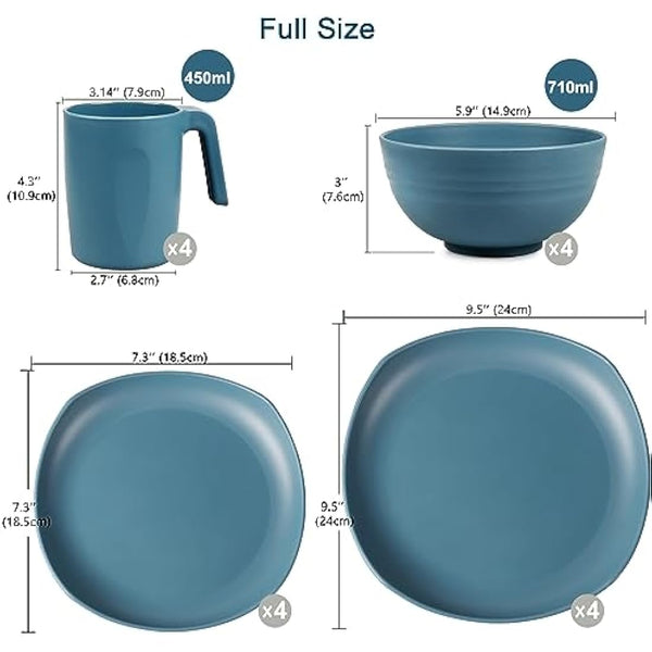 Greentainer Unbreakable Lightweight Dinnerware Sets, Plastic Dinner Set, 4 Dining Plates, 4 Bowls, 4 Cups, Microwave and Dishwasher Safe, Camping Tableware for Kids and Adults, Service for 4(Blue)