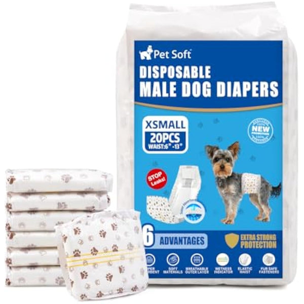 Pet Soft Disposable Male Dog Wraps 20 Counts - Dog Nappies Male, Super Absorbent Puppy Dog Diapers Incontinence Nappy Wraps with Wetness Indicator (XS-20 Count)