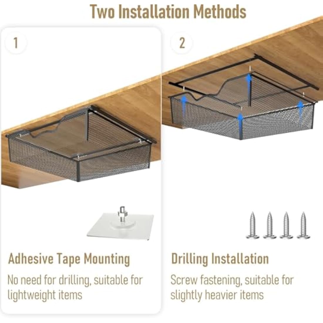 2 Pack Pull Out Basket Storage Under Shelf , Under Cabinet Hanging Drawer, Metal Wire Mesh Storage Basket Organizer for Kitchen, Office, Wardrobes, Cupboard Storage Black