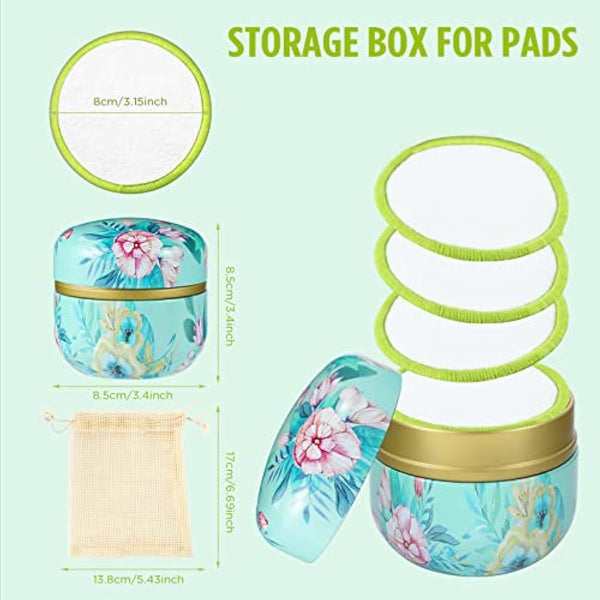 16Pcs Reusable Face Makeup Remover Pads 100% Organic Cotton Pads Cleaning Face Wipes Cloth Washable Face Round Cotton with Laundry Net Bag and Fashionable Metal Box Suit for Adults and Kids