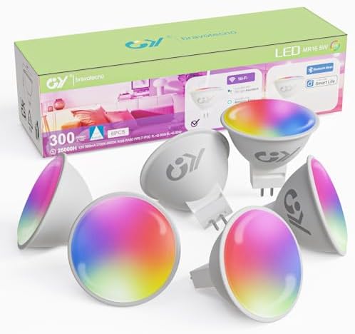 GY MR16 Smart LED Bulb,5W 300lm GU5.3 WiFi LED Light Bulb,Compatible with Alexa/Google Home 2.4 GHz WLAN,Dimmable Warm White Cold White and Multicolour Bulb, Control by APP, 6 PCS