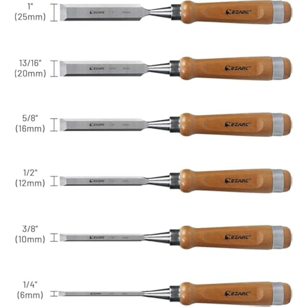 EZARC 6pc Wood Chisel Set for Woodworking - CRV Steel with Ash Wood Handle in Wooden Presentation Box