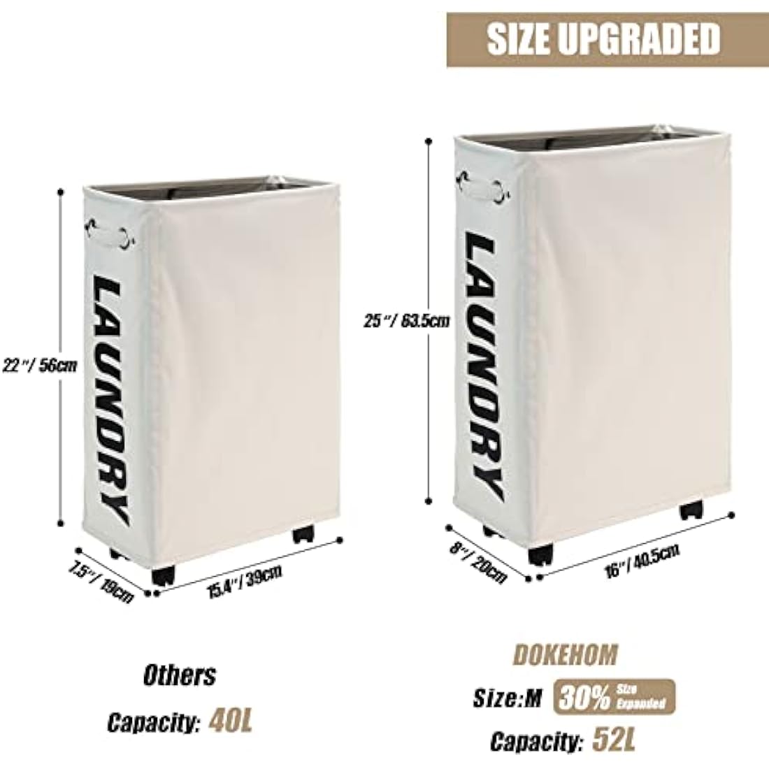 DOKEHOM 25-Inches Slim Laundry Basket on Wheels, Collapsible Rolling Laundry Hamper, Foldable Narrow Corner Clothes Storage Bins (Beige)