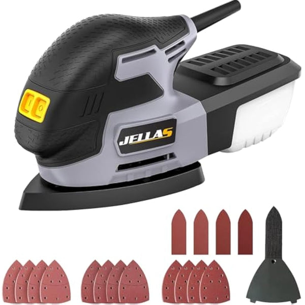 JELLAS Detail Mouse Sander, 220W Compact Sander Machine for Wood, 13,000 RPM Sanders with Dust Collection, 12PCS Standard Sandpapers, 4 Finger Attachment and Sanding Pad Included, JD2442