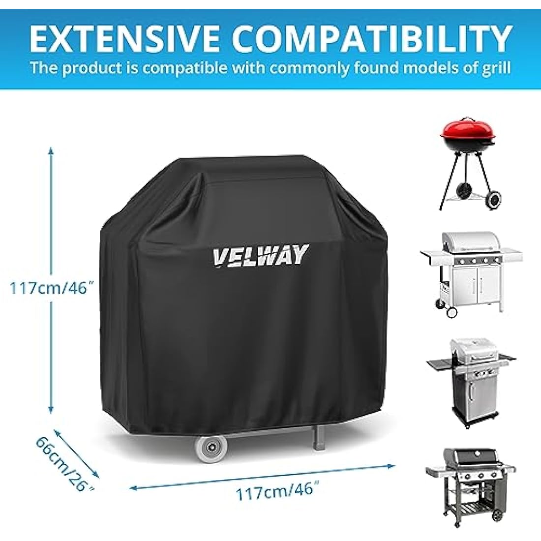 Velway Barbecue Cover Waterproof Grill Cover - Heavy Duty 210D Oxford Fabric Outdoor BBQ Cover UV protection Dust-Proof Windproof Weatherproof Durable with Storage Bag Black 117x66x117cm