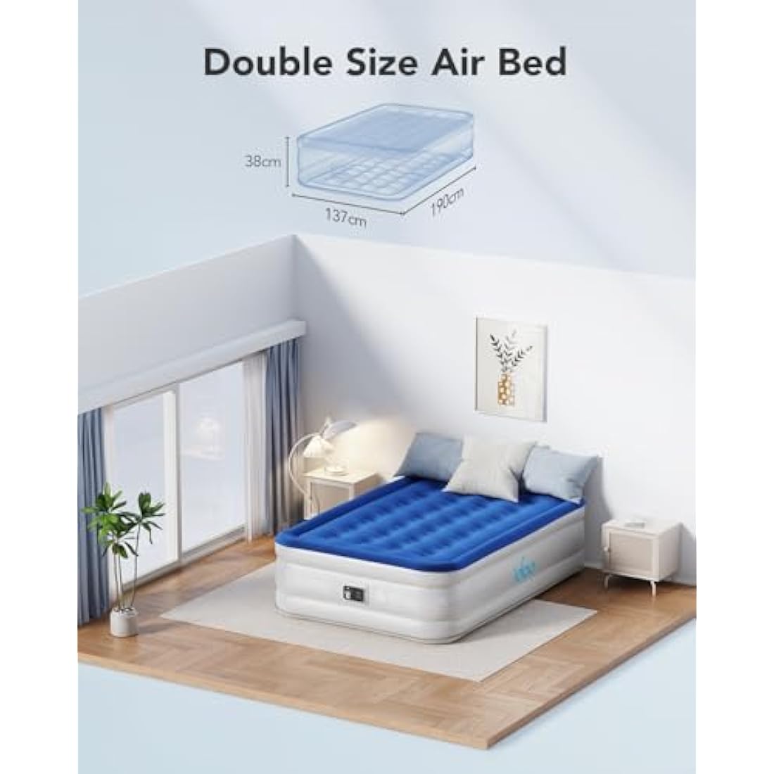 iDOO Inflatable Air Mattress, Air Bed with Built-in Electric Pump, Double Airbed with Storage Bag, Self Inflating Blow Up Camping Bed for Adults, Portable for Guest Home 190x137x38cm