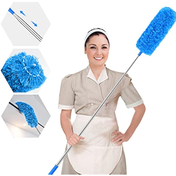 ENJSD Extandable Feather Duster,Microfiber Duster with 100Ines Stainless Steel Extra Long Telescopic Dusters with Soft Silicone Cap,Perfect for Cleaning Cobweb,Ceiling Fan,Cars etc.(Blue)