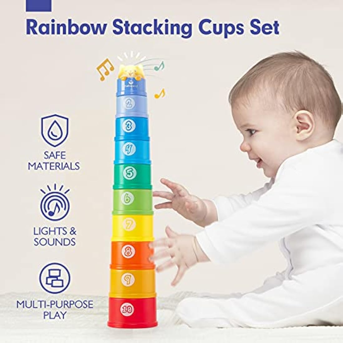 Hahaland Rainbow Stacking Cups 10 Pcs for 1 Year Old Girls Boys With Lights Sounds - Number Nesting Cups Educational Bath Baby Toys 12 18 Months 2 Year Old