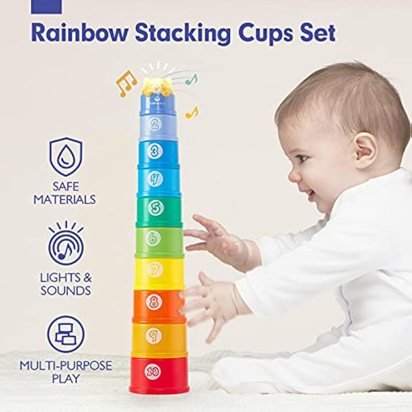 Hahaland Rainbow Stacking Cups 10 Pcs for 1 Year Old Girls Boys With Lights Sounds - Number Nesting Cups Educational Bath Baby Toys 12 18 Months 2 Year Old